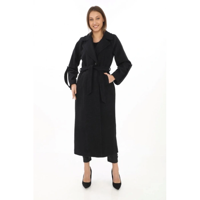 Kolu Apoletli Astarlı Kaşmir Kaşe Kaban - Siyah