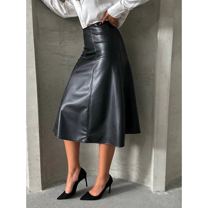 Komple parçalı deri etek siyah h26441