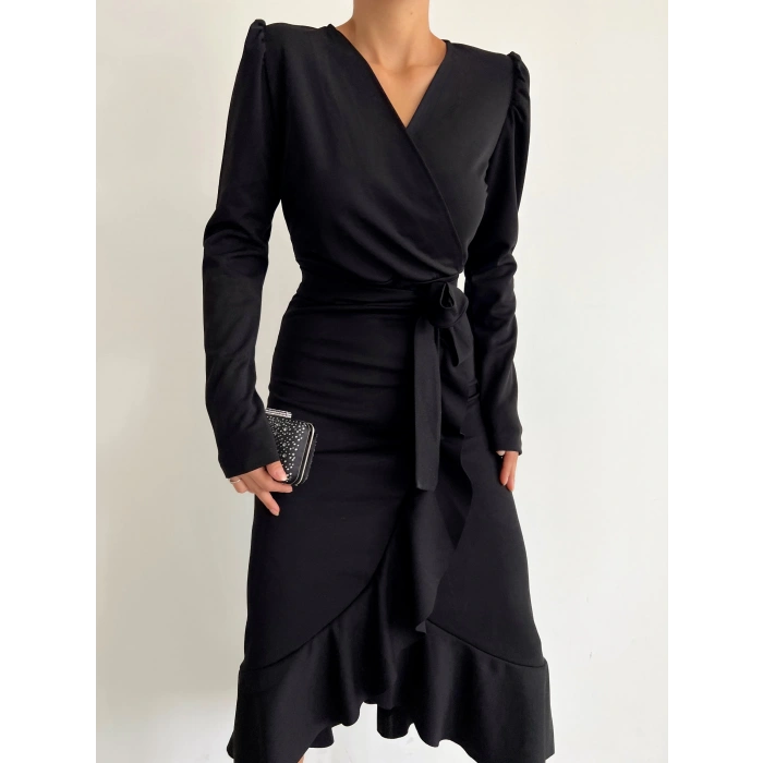 Krep Kumaş Midi Boy Kuşaklı Uzunkol Elbise 113 Cm