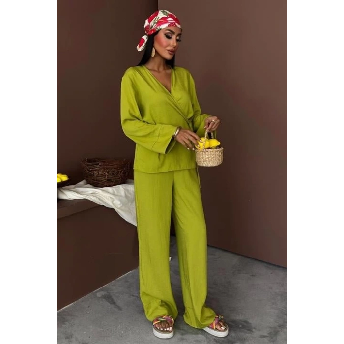 Kruvaze Model Klasik Pantolonlu Çupra Keten Takım 10191
