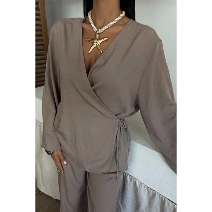 Kruvaze Model Klasik Pantolonlu Çupra Keten Takım 10191