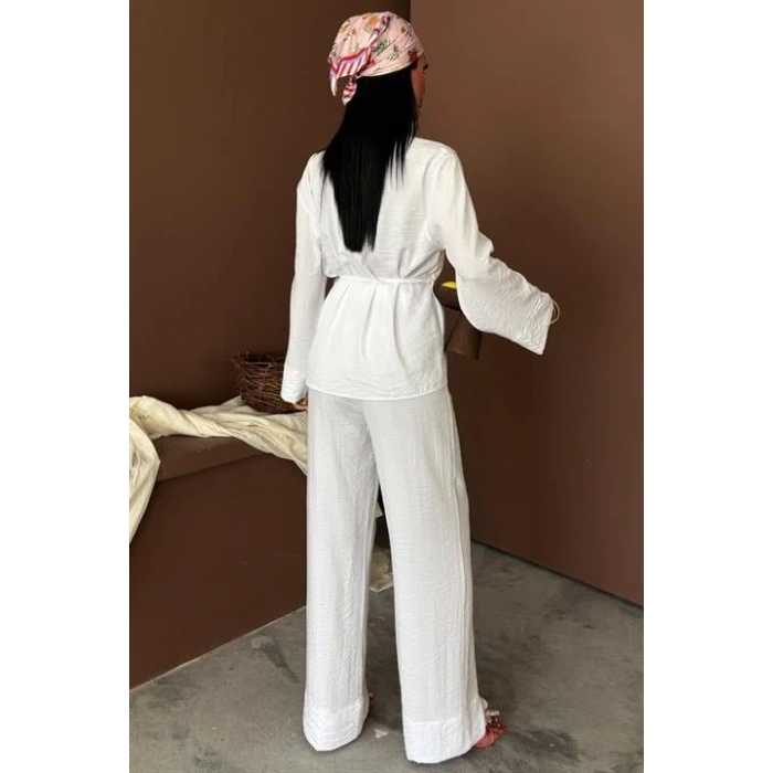 Kruvaze Model Klasik Pantolonlu Çupra Keten Takım 10191