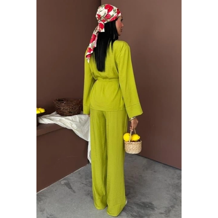 Kruvaze Model Klasik Pantolonlu Çupra Keten Takım 10191