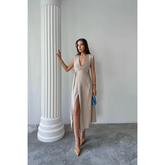 KRUVAZE VATKALI KOLSUZ ELBİSE MODAL KUMAŞ - Bej