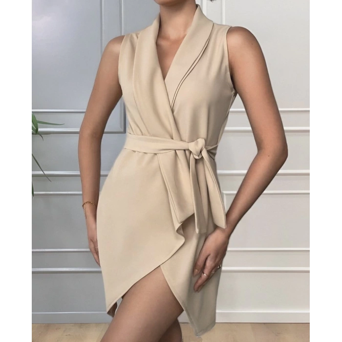 Kruvaze Yaka Kuşaklı Krep Kumaş Elbise