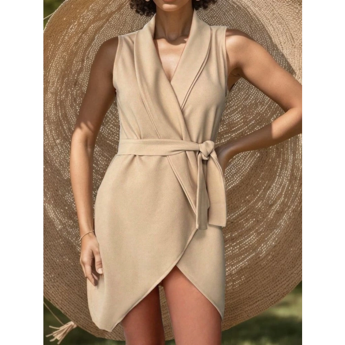 Kruvaze Yaka Kuşaklı Krep Kumaş Elbise