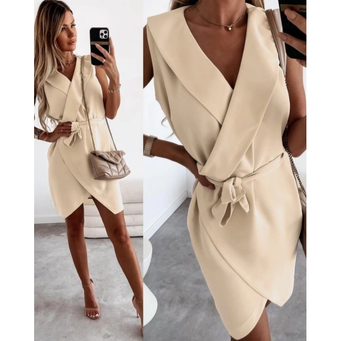 Kruvaze Yaka Kuşaklı Krep Kumaş Elbise