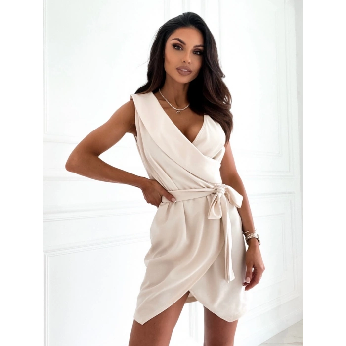 Kruvaze Yaka Kuşaklı Krep Kumaş Elbise