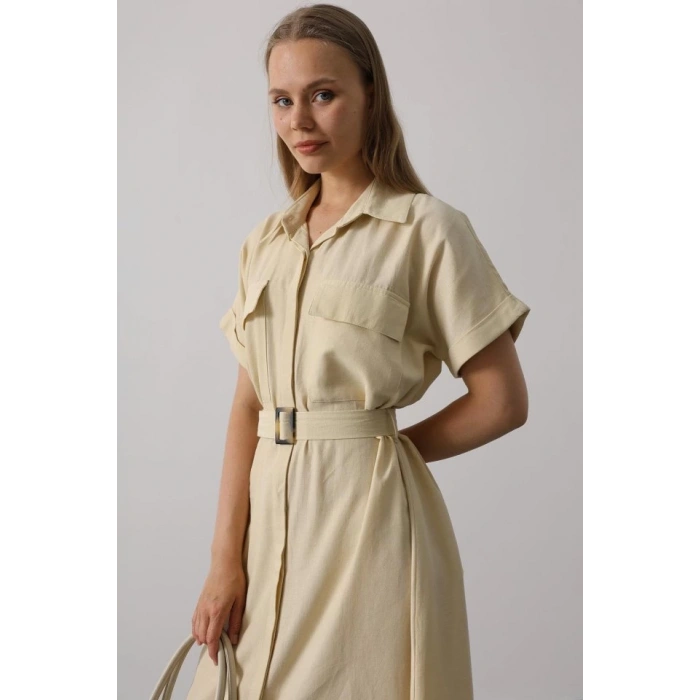 Kuşaklı Cep Detaylı Yarım Kol Elbise - Ekru