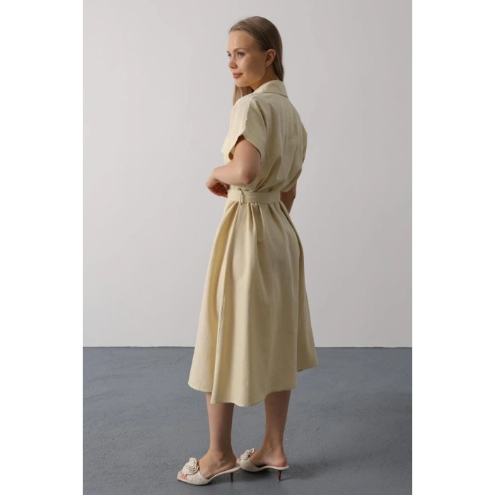Kuşaklı Cep Detaylı Yarım Kol Elbise - Ekru