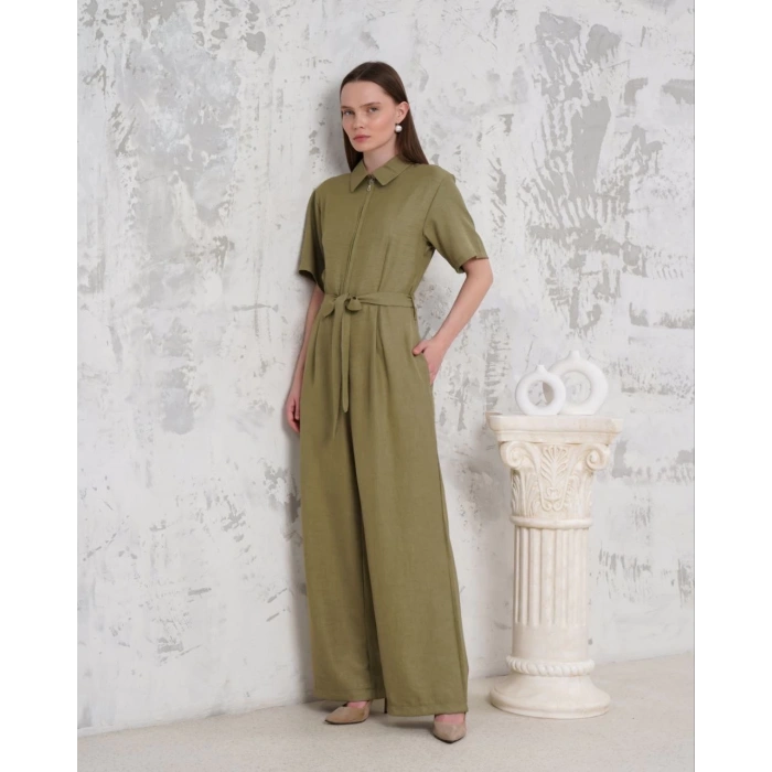 Kuşaklı gömlek yaka salaş tulum haki s255822