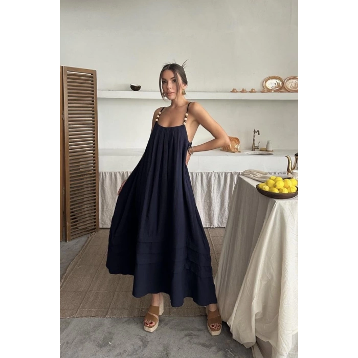 Lacivert Askılı Müslin Elbise