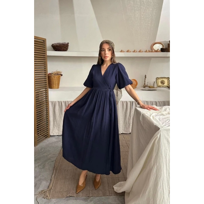 Lacivert Müslin Uzun Elbise