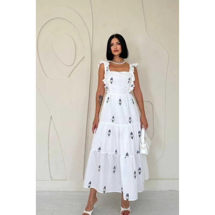 Lacivert Sıfır Kol Fırfırlı Elbise