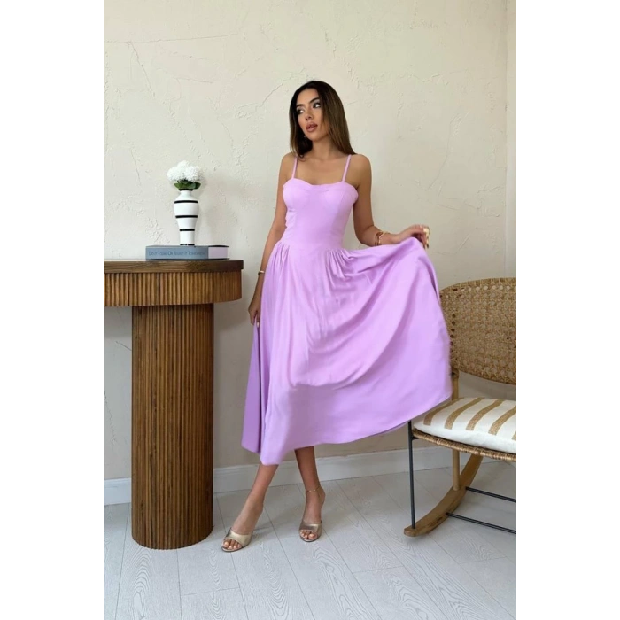 Lila Göğüs Kuplu Uzun Büzgülü Elbise