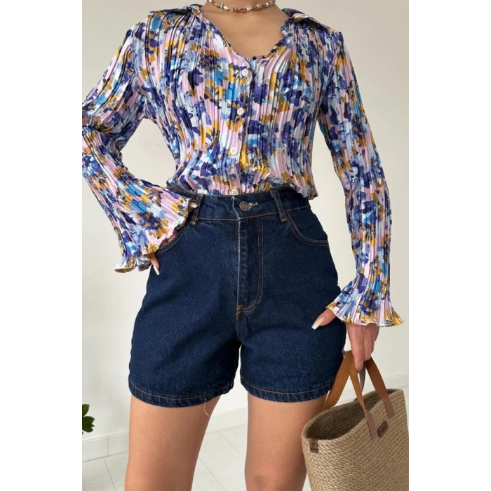 Lila Piliseli Çiçek Desen Gömlek