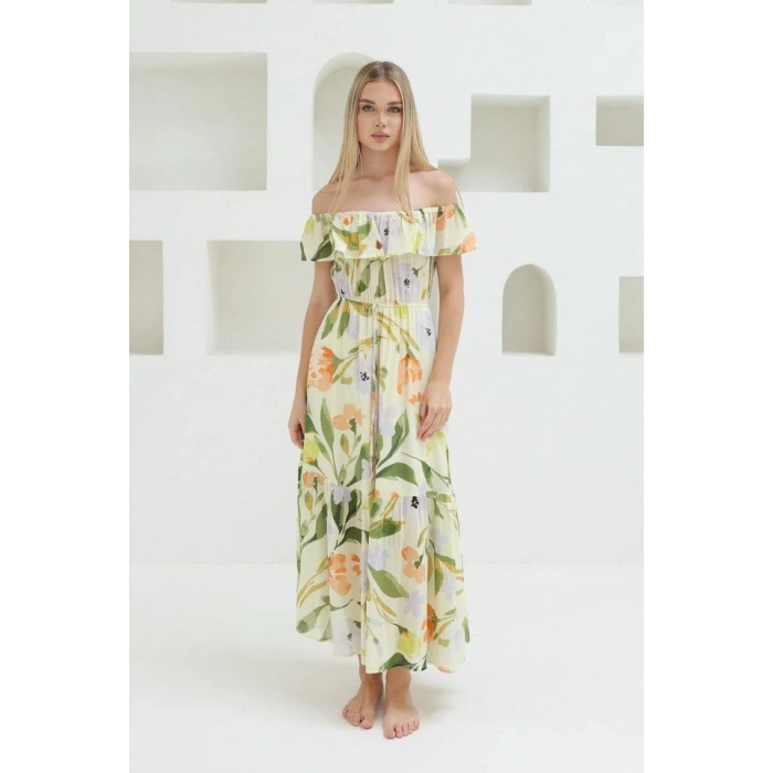 Madonna Yaka Elbise - Yeşil - Ekru