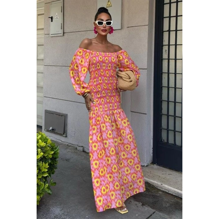 Madonna Yaka Gipe Detaylı Desenli Elbise 2746