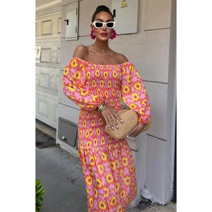 Madonna Yaka Gipe Detaylı Desenli Elbise 2746