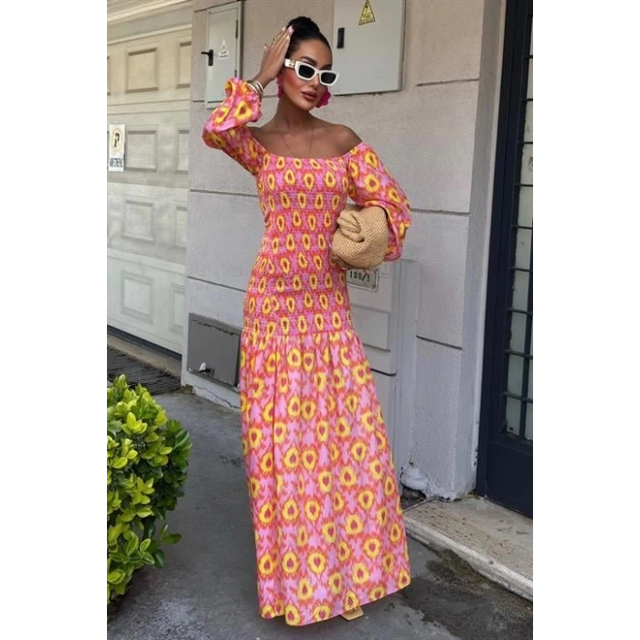 Madonna Yaka Gipe Detaylı Desenli Elbise 2746