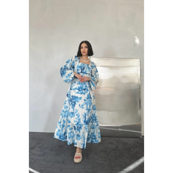 Mavi Arkası Gipeli Uzun Elbise