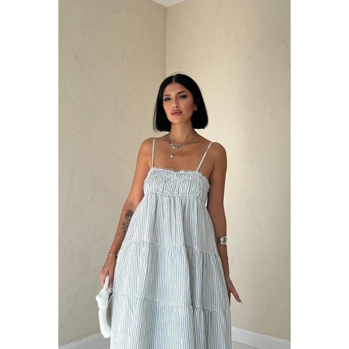 Mavi Askılı Parçalı Çizgili Müslin Elbise