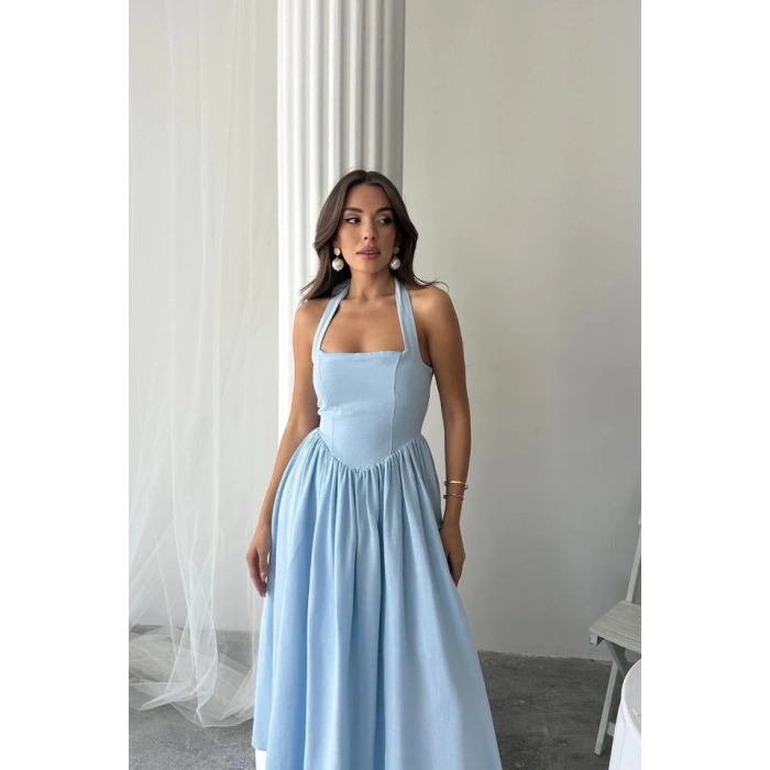 Mavi Boyundan Bağlamalı Keten Elbise