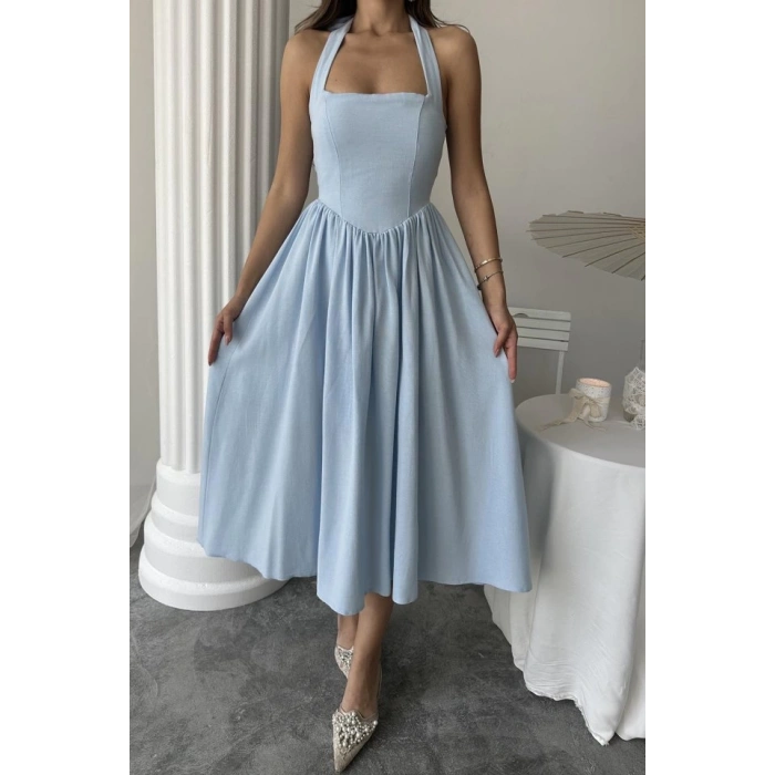 Mavi Boyundan Bağlamalı Keten Elbise