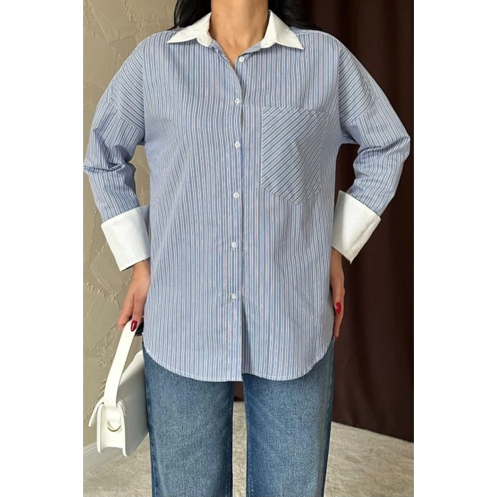Mavi Çizgili Poplin Uzun Kol Gömlek