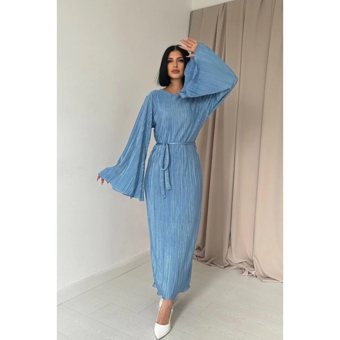 Mavi İspanyol Kol Piliseli Elbise