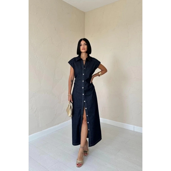 Mavi Kolsuz Vatkalı Elbise