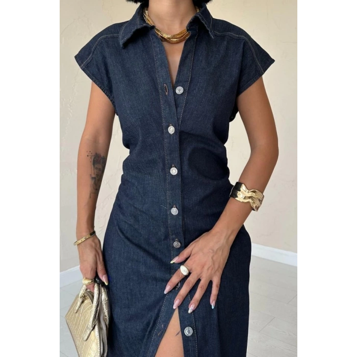 Mavi Kolsuz Vatkalı Elbise