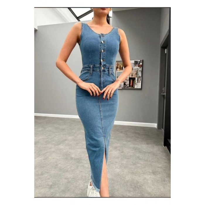 Mavi Likralı Kot Jile Elbise