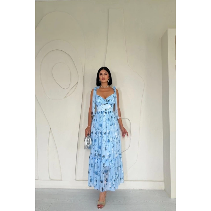 Mavi Şifon Drapeli Elbise