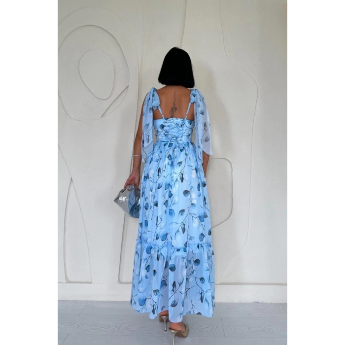 Mavi Şifon Drapeli Elbise