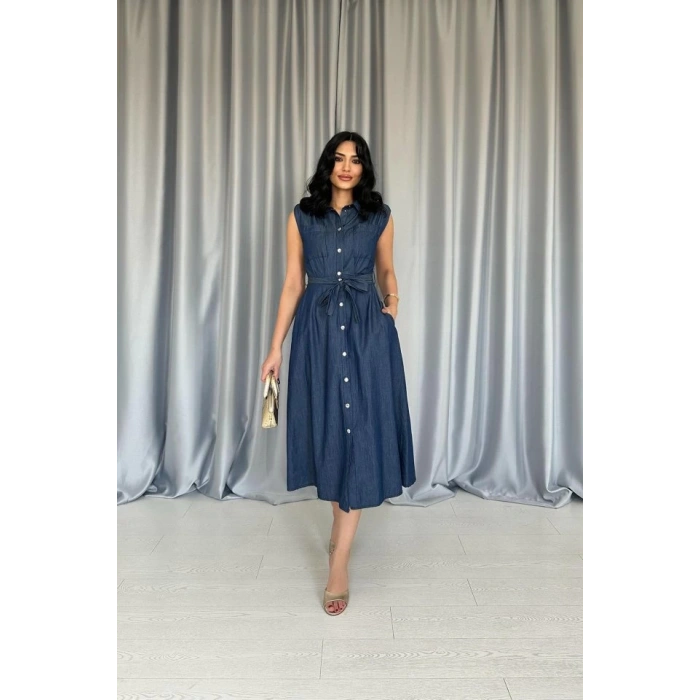 Mavi Tencel Çıtçıtlı Elbise
