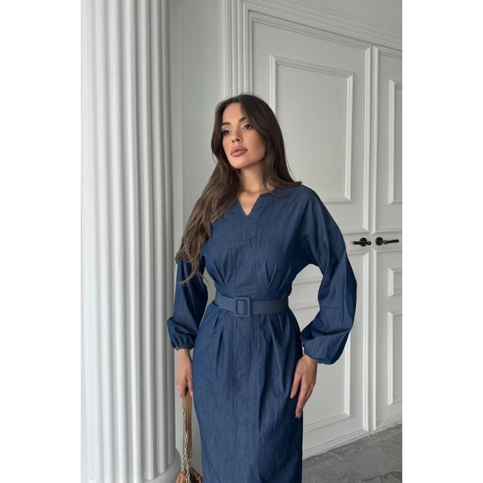 Mavi Tencel Uzun Kollu Elbise
