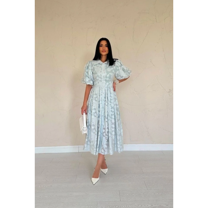 Mint Kemerli Balon Kollu Elbise