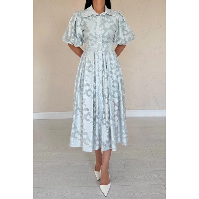 Mint Kemerli Balon Kollu Elbise