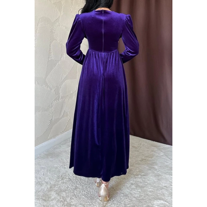 Mor Göğüs Altı Taşlı Elbise