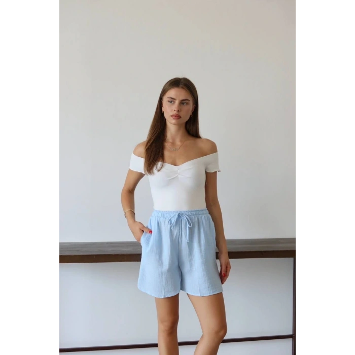 Müslin kumaş şort bağcıklı mavi pt