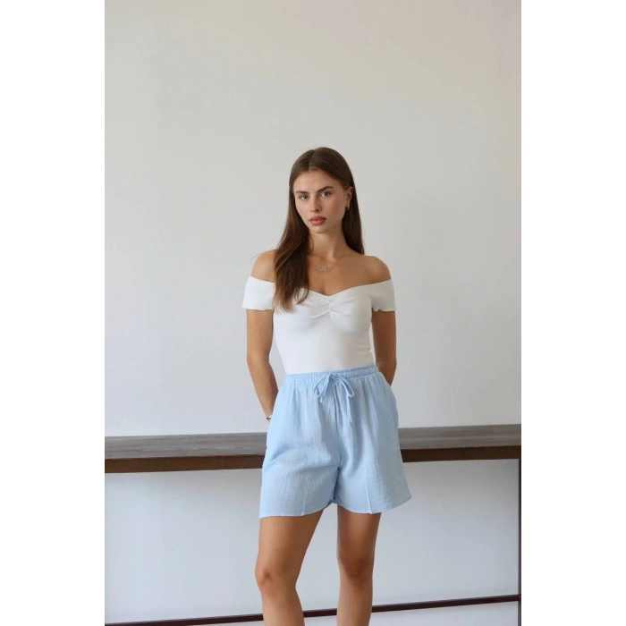 Müslin kumaş şort bağcıklı mavi pt