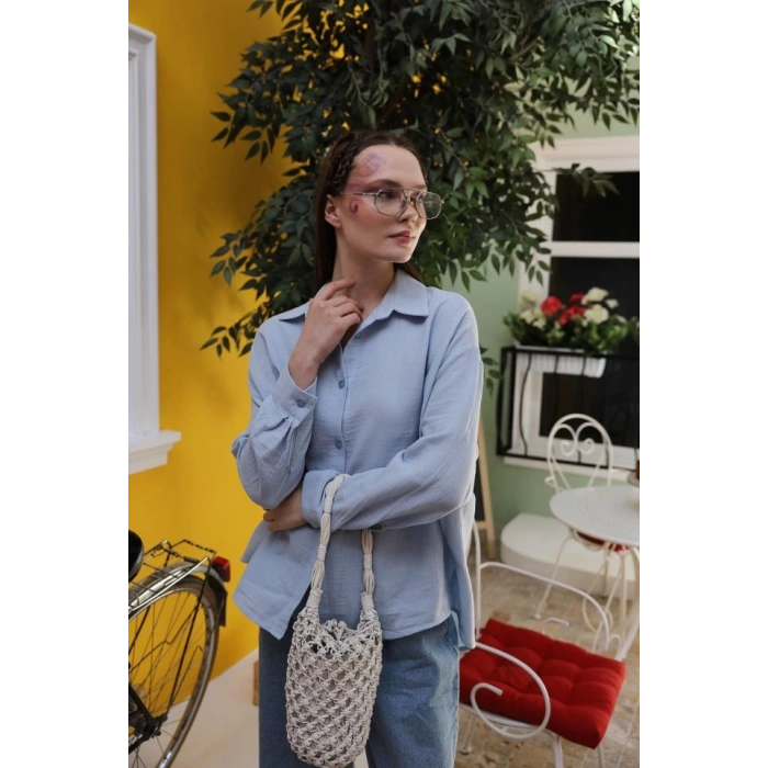 Müslin Uzun Kol Gömlek - Bebe Mavisi
