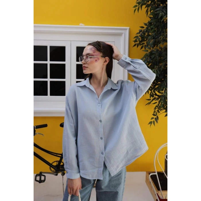 Müslin Uzun Kol Gömlek - Bebe Mavisi