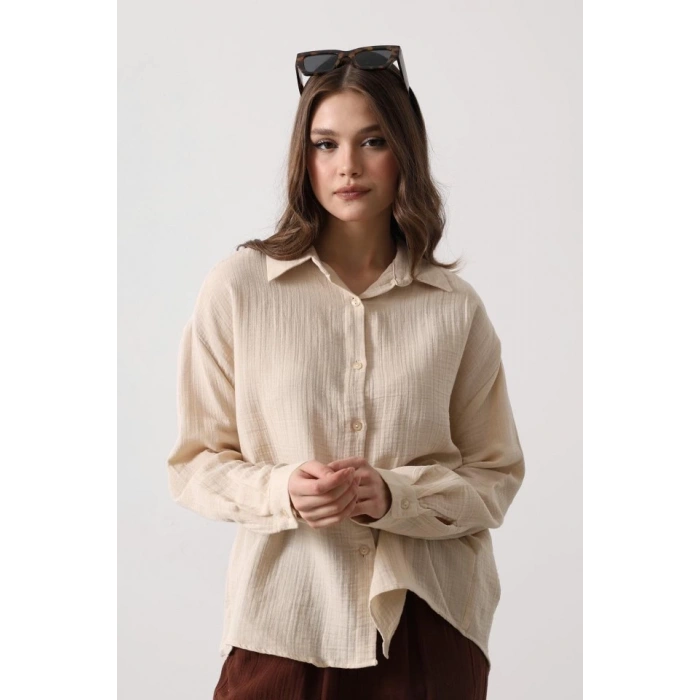 Müslin Uzun Kol Gömlek - Bej