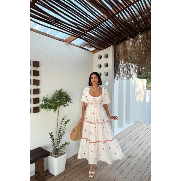 Nar Çiçeği Dantel Detaylı Brode Elbise