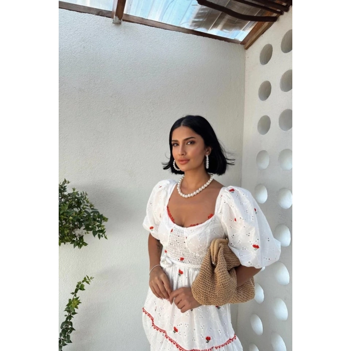 Nar Çiçeği Dantel Detaylı Brode Elbise