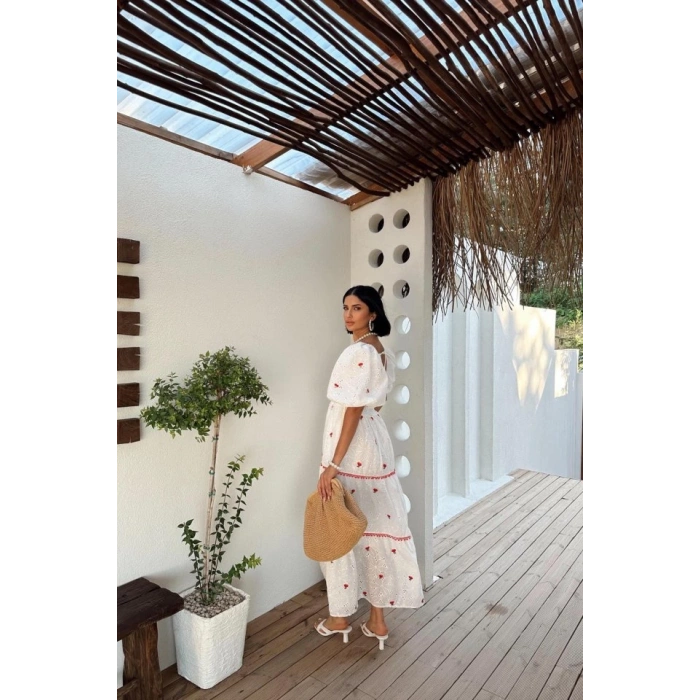 Nar Çiçeği Dantel Detaylı Brode Elbise