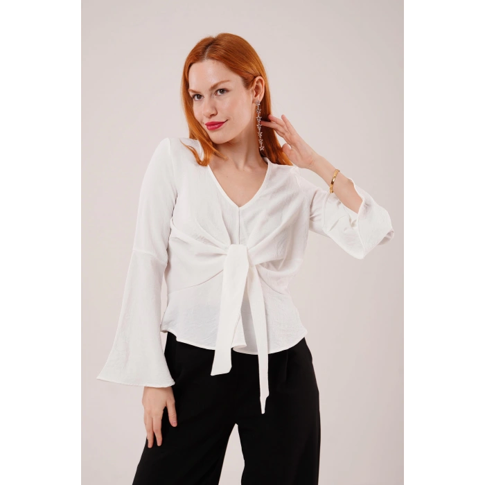 Ön Bağlamalı Volan Kol Beyaz Bluz