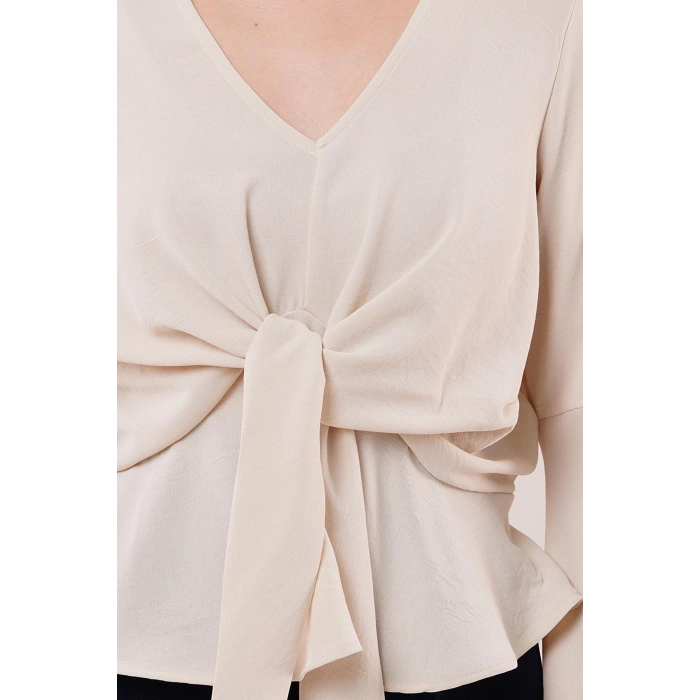 Ön Bağlamalı Volan Kol Ekru Bluz